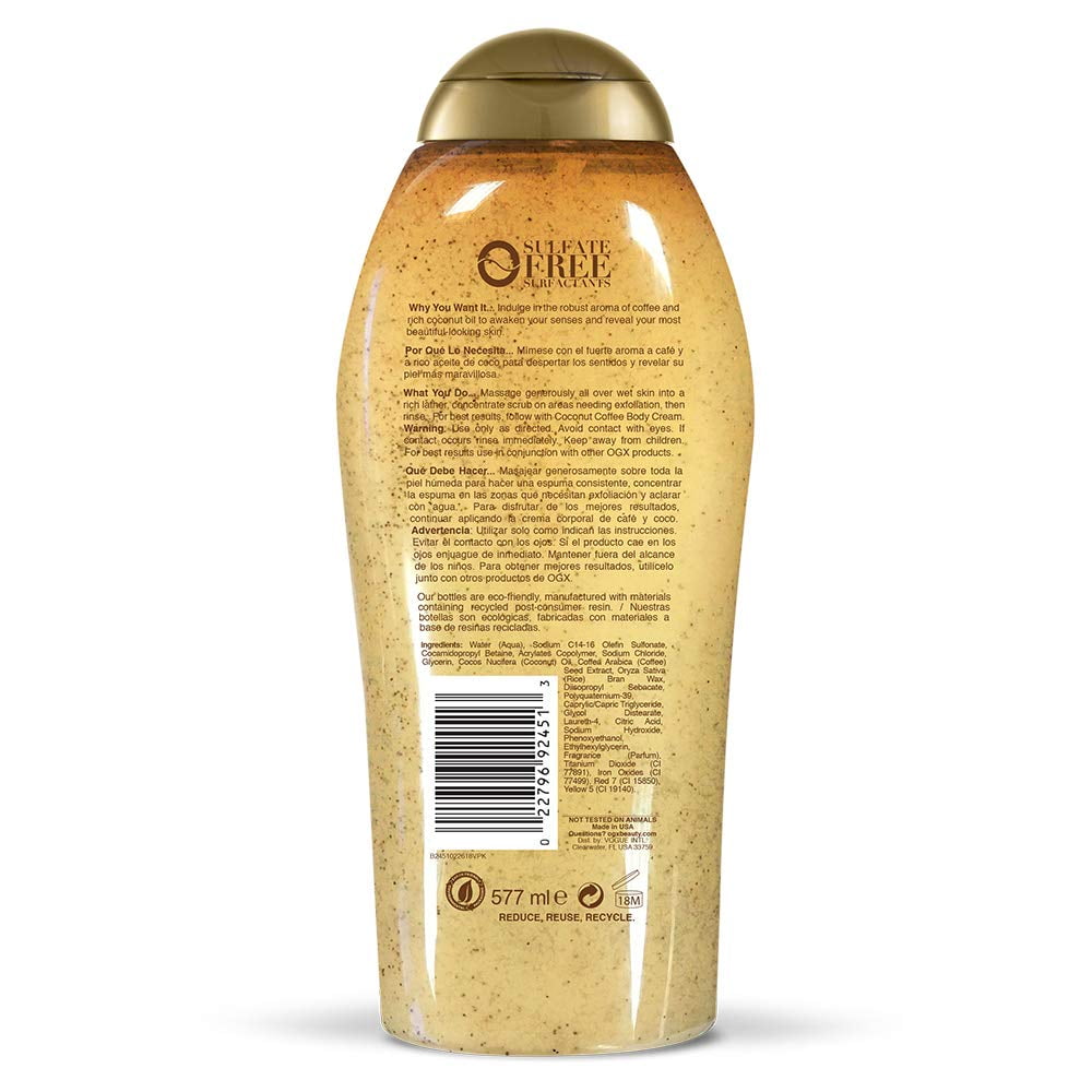 OGX Smoothing + Coconut Coffee Exfoliating Body Scrub with Arabica Coffee & Coconut Oil, Paraben-Free with Sulfate-Free Surfactants, 19.5 Fl Oz