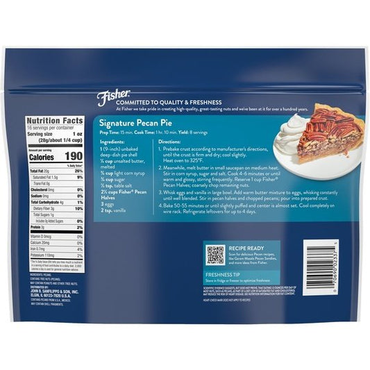 Fisher Chef's Naturals Gluten Free, No Preservatives, Non-GMO Pecan Halves, 16 oz Bag