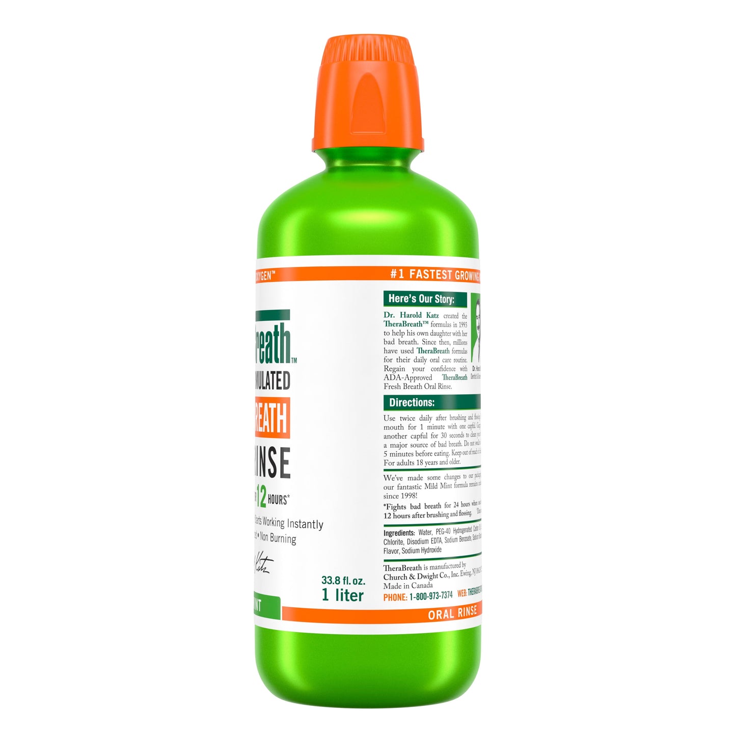 TheraBreath Fresh Breath Mouthwash, Mild Mint, Alcohol-Free, 1 Liter