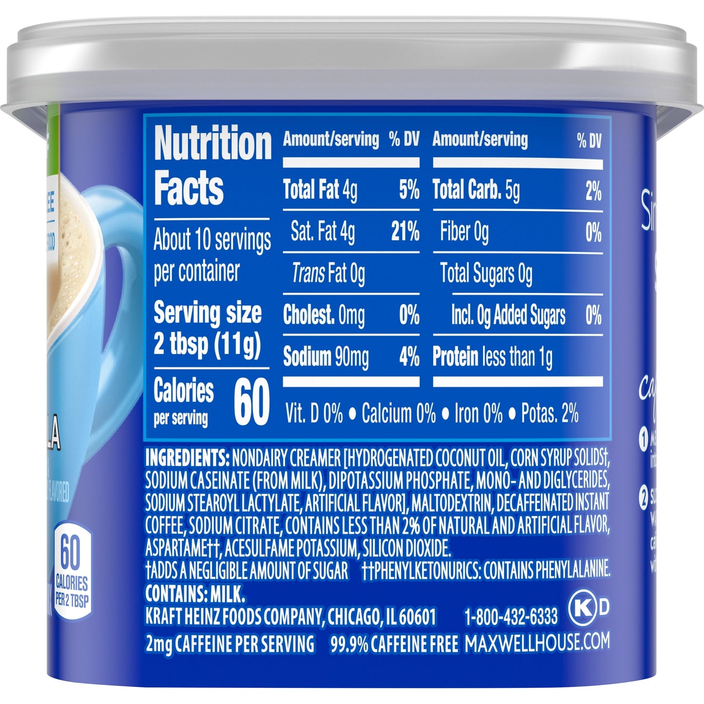 Maxwell House International French Vanilla Sugar Free Decaf Instant Coffee, Decaffeinated, 4 oz. Canister