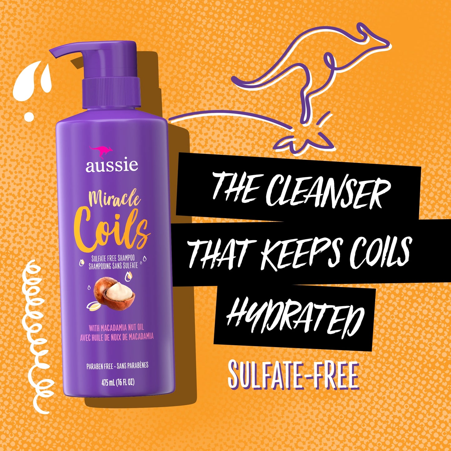 Aussie Miracle Coils Sulfate-Free Shampoo, All Hair Types, Macadamia Nut Oil, Paraben Free, 16 fl oz