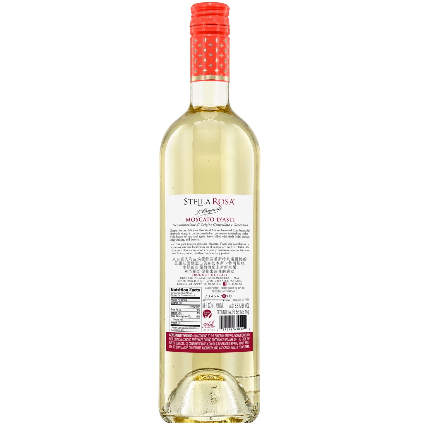 Stella Rosa Moscato d'Asti Semi-Sweet White Wine 750ml Glass Bottle DOCG Piedmont Italy Serving Size 6oz