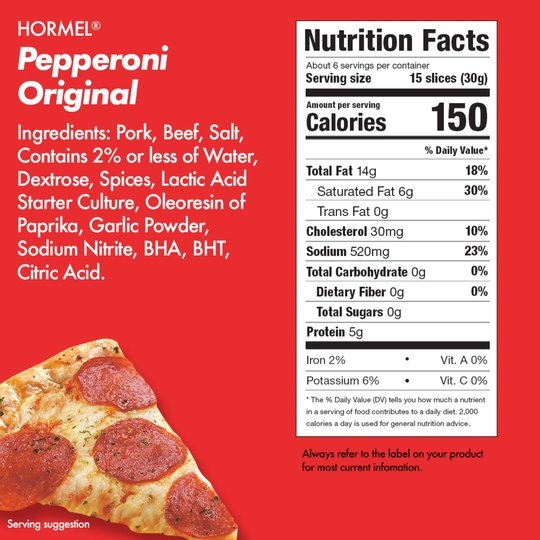 HORMEL, Pepperoni, Pizza Topping, Gluten Free, Original, 6 oz Plastic Resealable Package