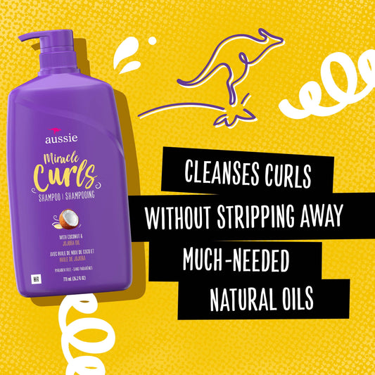 Aussie Miracle Curls Shampoo with Coconut & Jojoba Oil,  Foe All Hair Types, Paraben Free, 26.2 fl oz