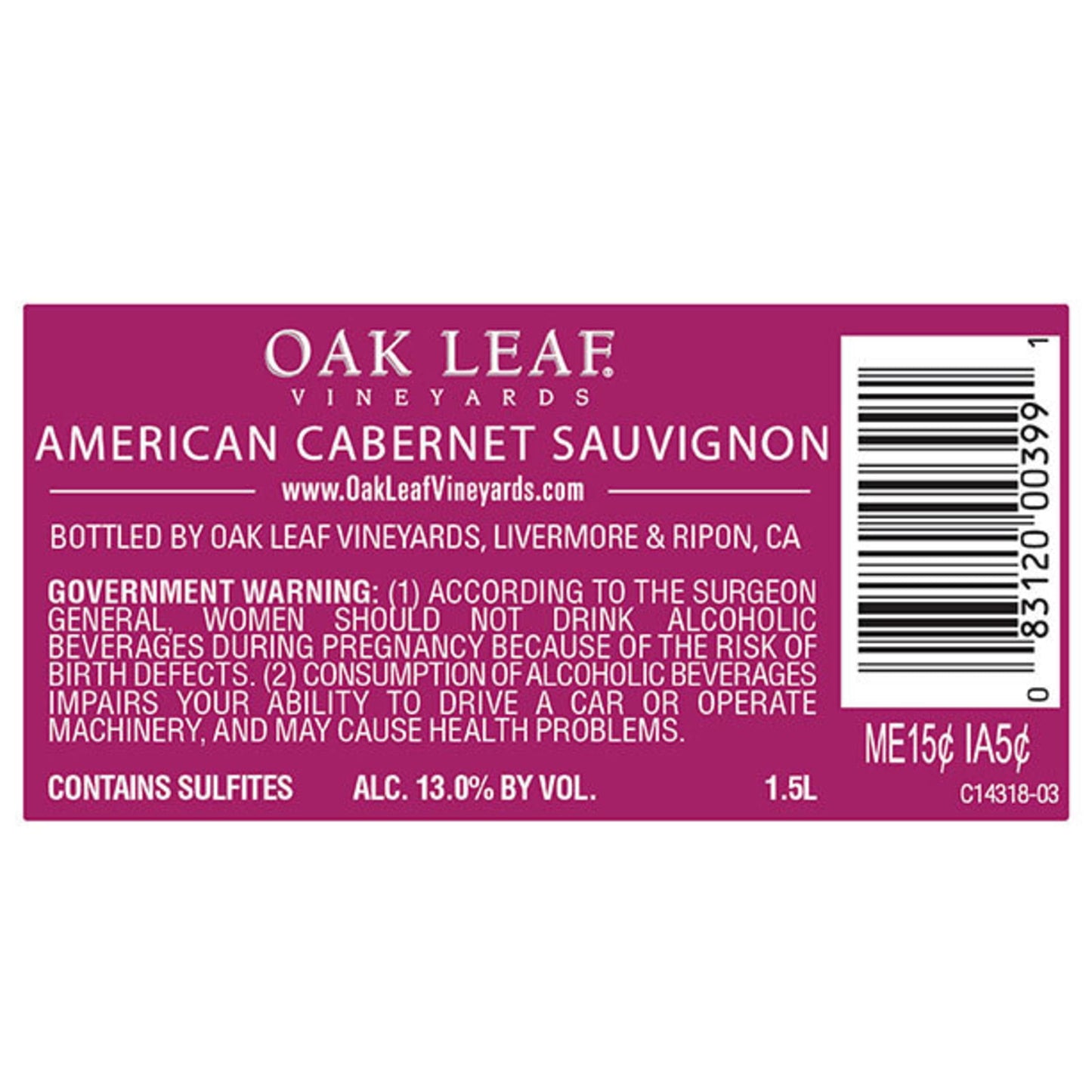 Oak Leaf Vineyards Cabernet Sauvignon Red Wine, 1.5 L Glass, ABV 12.50%