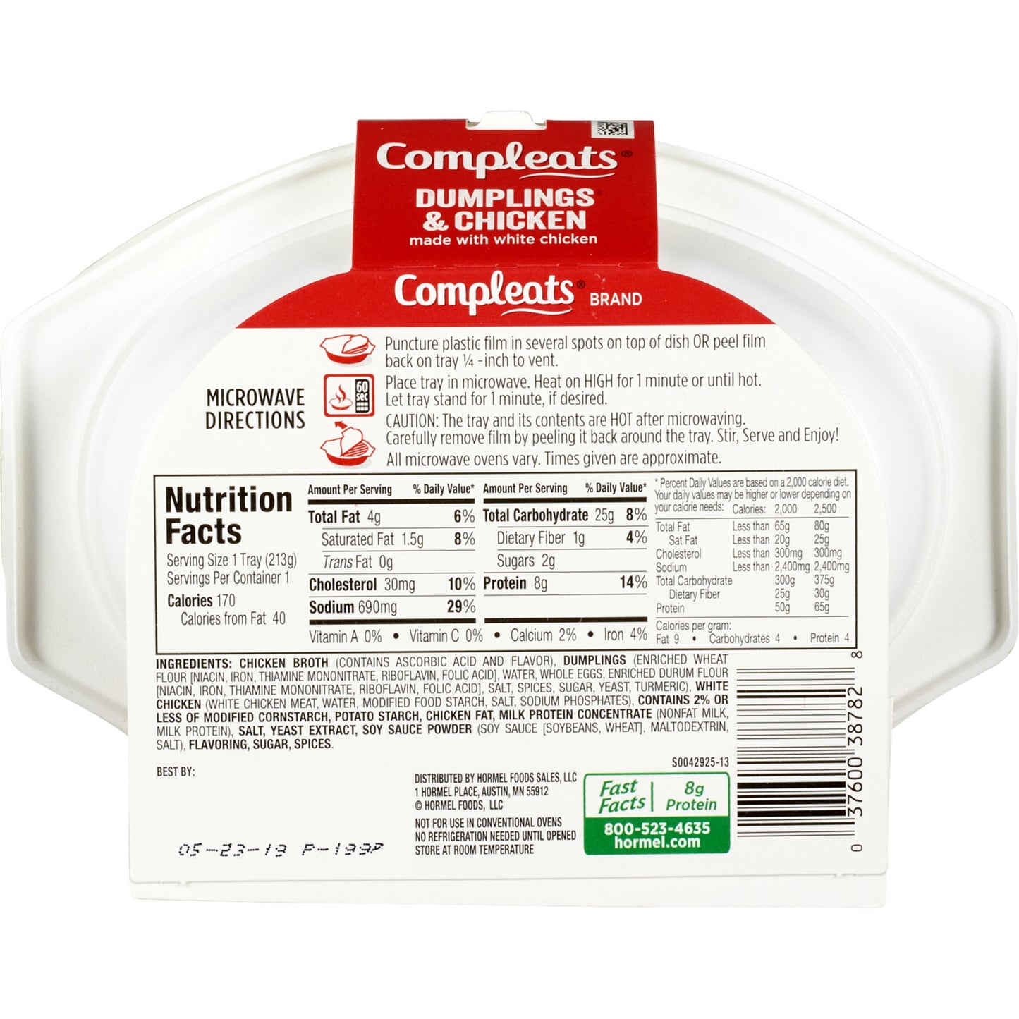 HORMEL COMPLEATS Dumplings & Chicken, Shelf Stable, 7.5 oz Plastic Tray