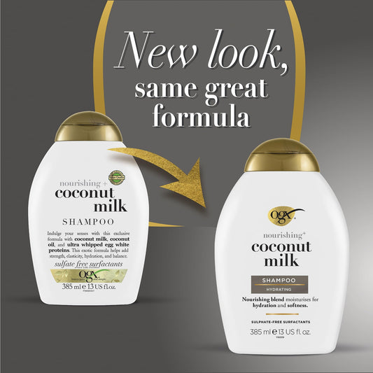 OGX Nourishing + Coconut Milk Moisturizing Shampoo for Strong & Healthy Hair, with Coconut Milk, Coconut Oil & Egg White Protein, Paraben-Free, Sulfate-Free Surfactants, 13 fl.oz