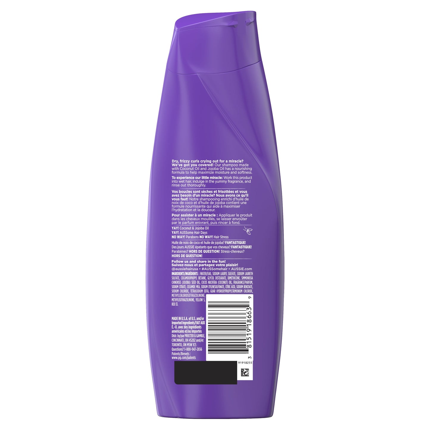 Aussie Miracle Curls Shampoo, Coconut & Jojoba Oil, Paraben Free, for Curly Hair, 12.1 fl oz