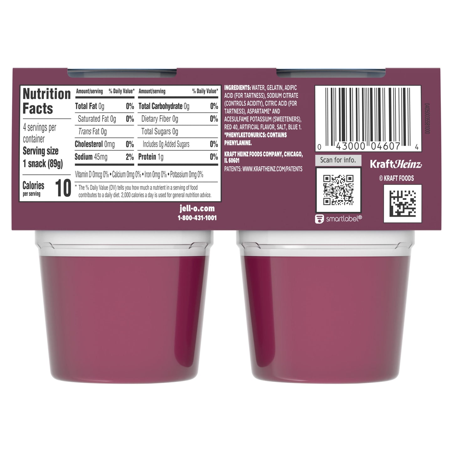 Jell-O Black Cherry Sugar Free Jello Cups Gelatin Snack, 4 Ct Cups