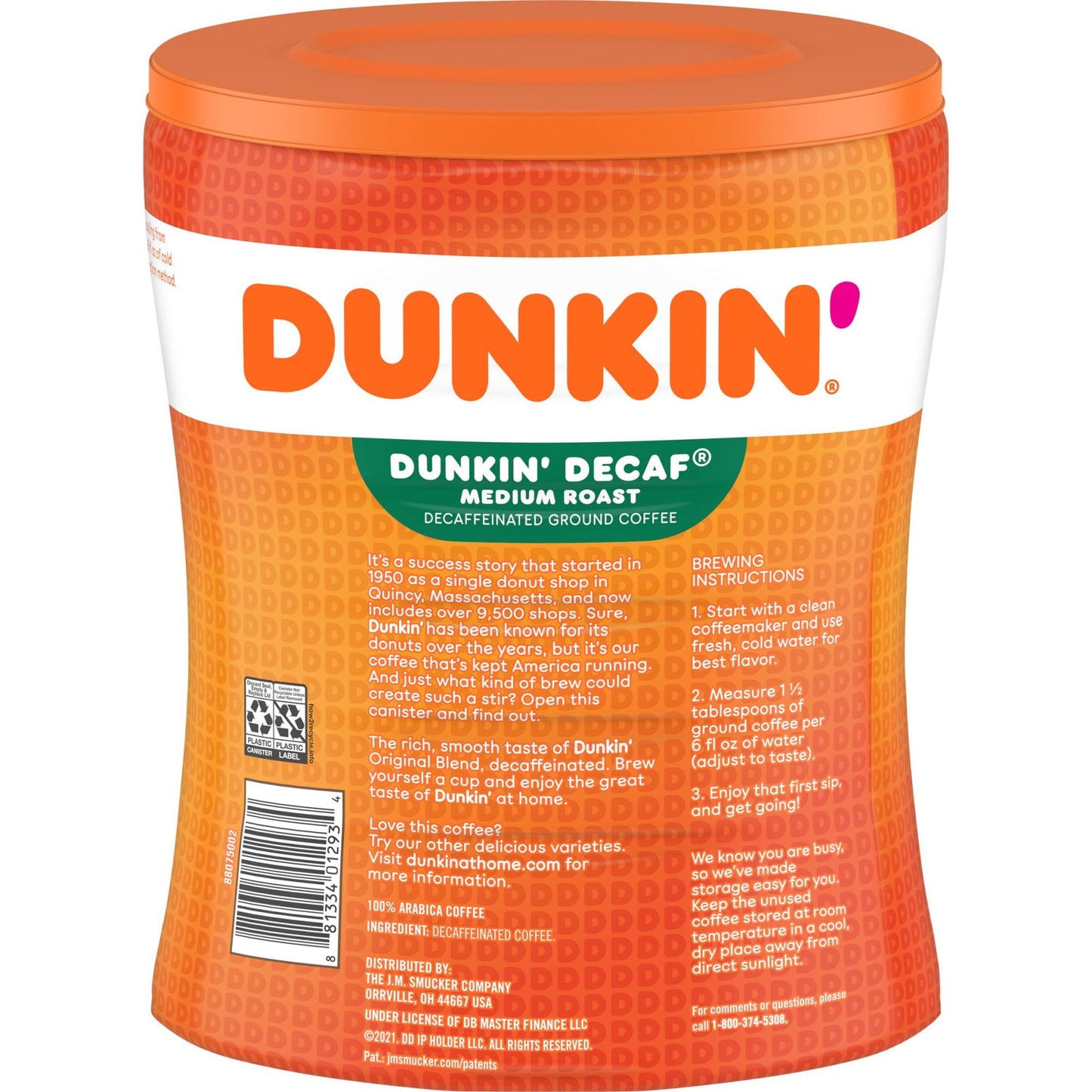 Dunkin' Original Blend Medium Roast Decaf Ground Coffee, 30 Ounce Canister (Packaging May Vary)