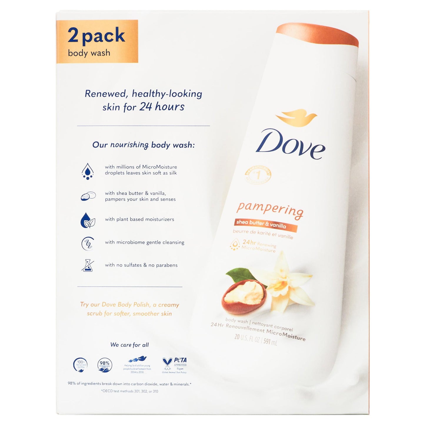Dove Pampering Long Lasting Gentle Body Wash Twin Pack, Shea Butter and Vanilla, 20 fl oz