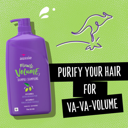 Aussie Miracle Volume with Plum & Bamboo, Paraben Free Shampoo, 26.2 fl oz