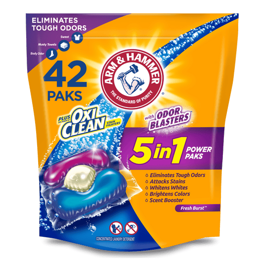 ARM & HAMMER Plus OxiClean with Odor Blasters 5-in-1 Fresh Burst Laundry Detergent Power Paks, 42 Count Bag