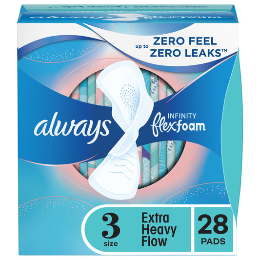 Always Infinity Feminine Pads with wings, Size 3, Extra Heavy Absorbency, unscented, 28 Ct