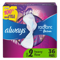 Always Radiant Feminine Pads with Wings, Size 2, Heavy Absorbency, Scented, 36 CT