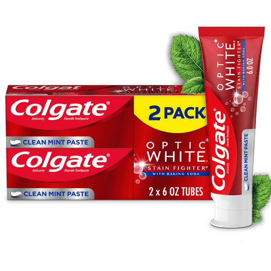 Colgate Optic White Stain Fighter Whitening Toothpaste, 2 Pack, Clean Mint, 6 oz Tubes