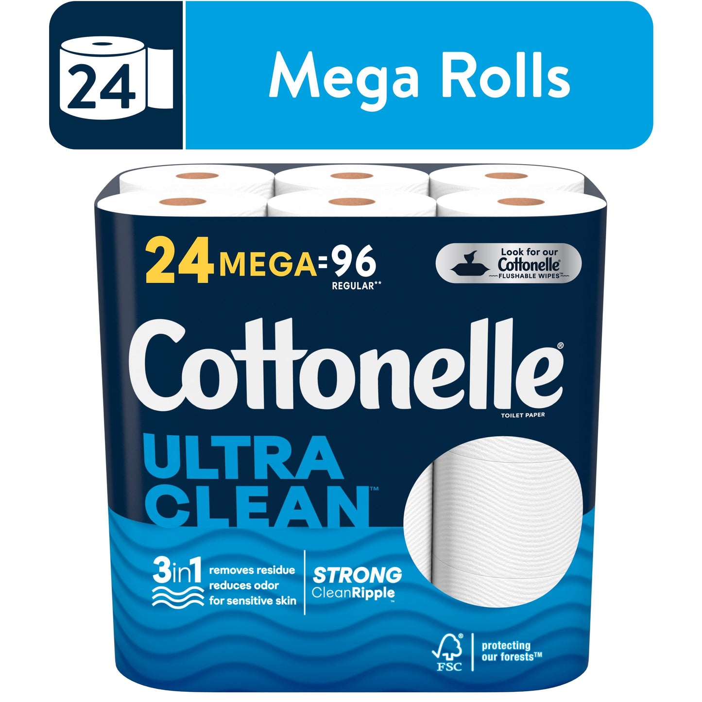 Cottonelle Ultra Clean Toilet Paper, 24 Mega Rolls, 312 Sheets Per Roll (7,488 Total)