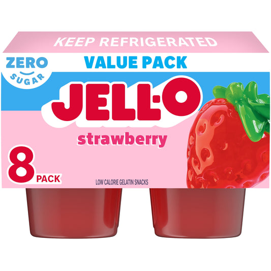 Jell-O Strawberry Sugar Free Jello Cups Gelatin Snack Value Pack, 8 Ct Cups