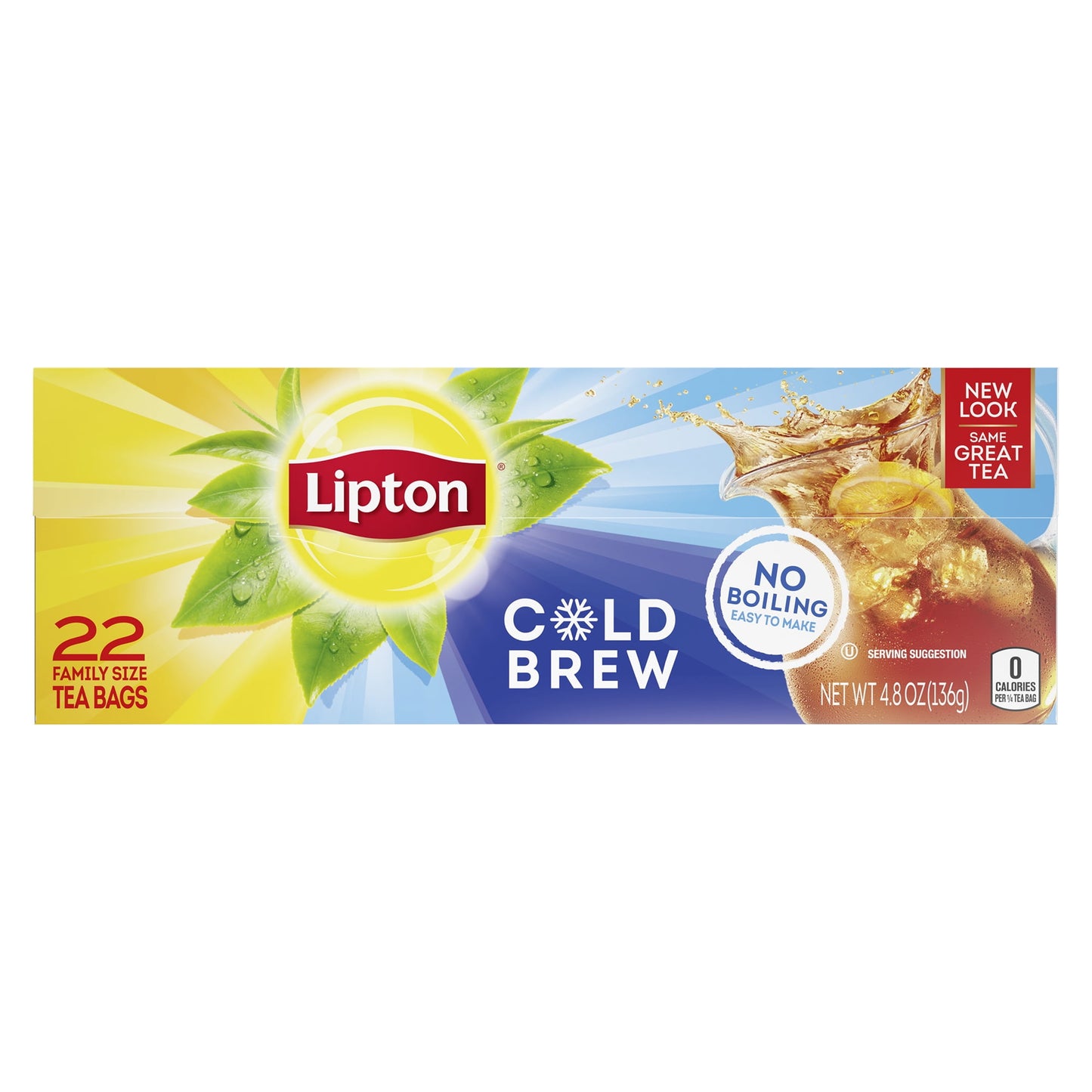 Lipton Family Size Cold Brew Iced Black Tea, Caffeinated, Tea Bags 22 Count Box