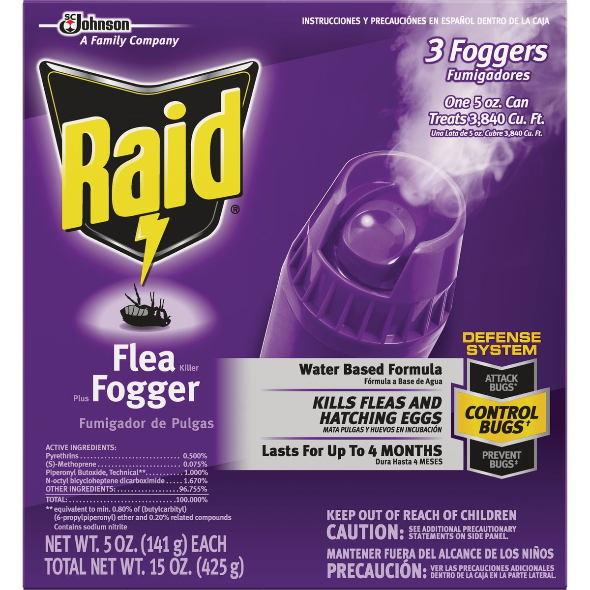 Raid Flea Killer Plus Fogger, Room Treatment Flea Bomb Kills up to 4 Months 15 oz, 3 Piece