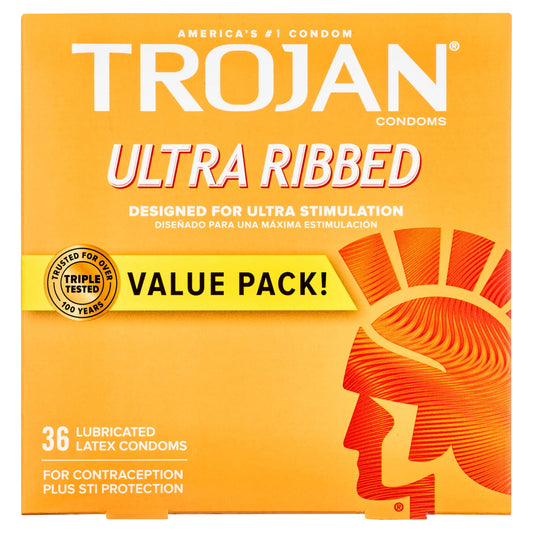 TROJAN Ultra Ribbed Lubricated Condoms for Ultra Stimulation, 36 Count, 1 Pack