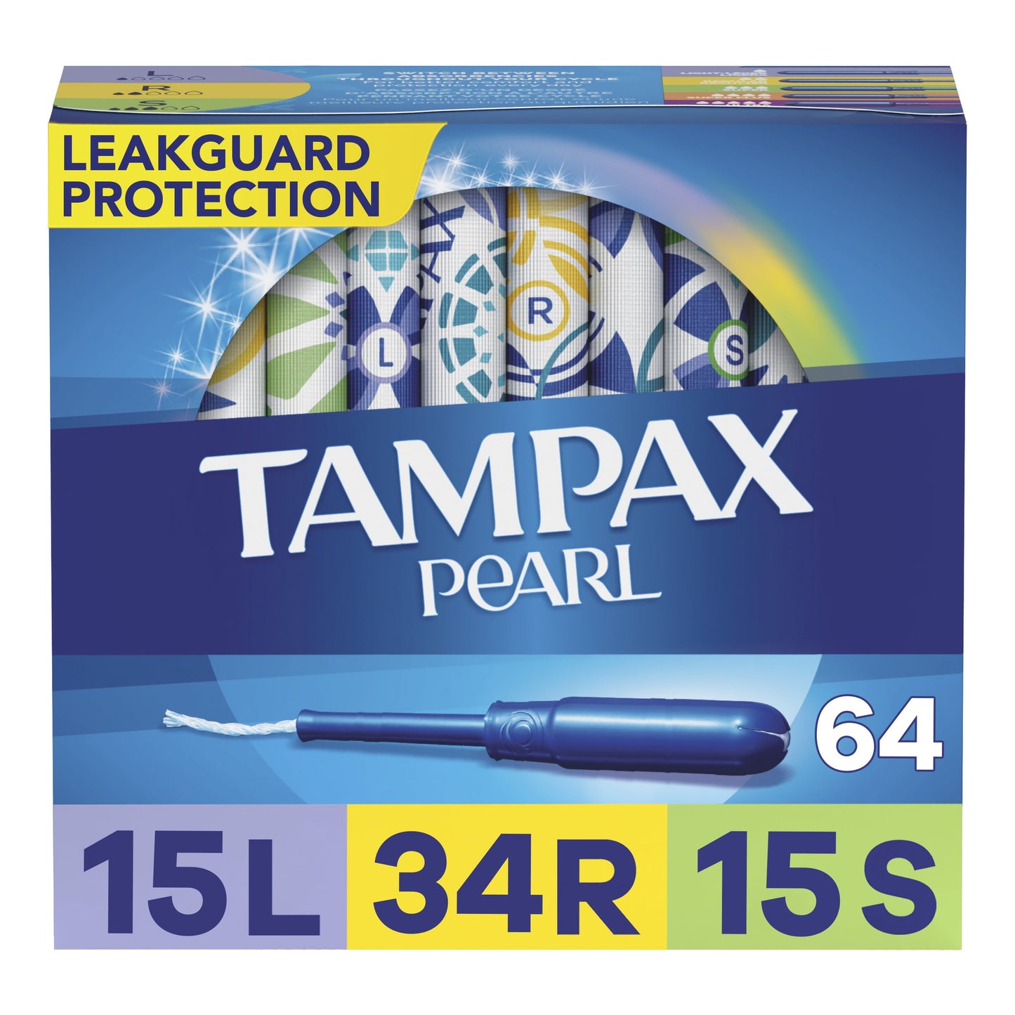 Tampax Pearl Tampons Trio Multipack with LeakGuard Braid, Light/Regular/Super Absorbency, 64 Ct