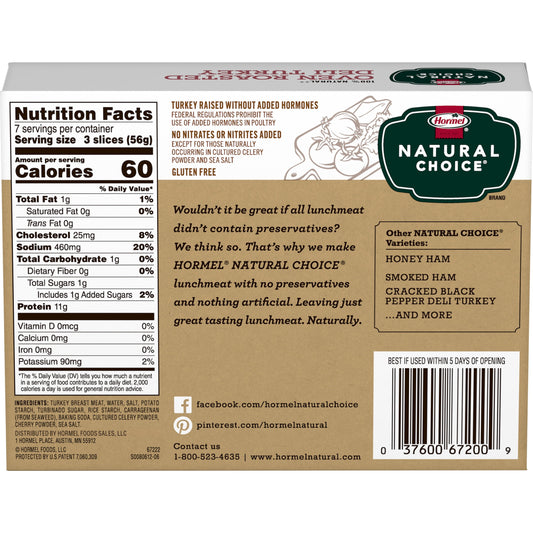 HORMEL NATURAL CHOICE Sliced Oven Roasted Deli Turkey Lunch Meat, 14 oz Resealable Plastic Package