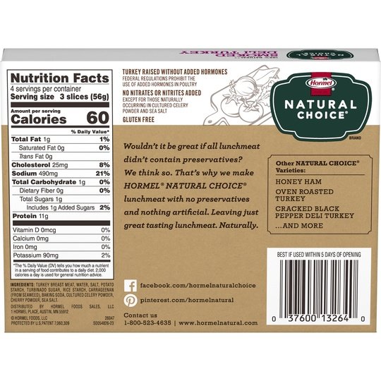 HORMEL NATURAL CHOICE Sliced Smoked Deli Turkey Lunch Meat, 8 oz Plastic Package