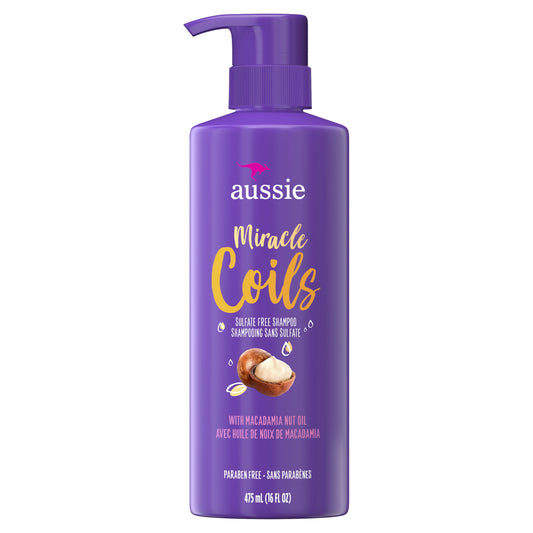 Aussie Miracle Coils Sulfate-Free Shampoo, All Hair Types, Macadamia Nut Oil, Paraben Free, 16 fl oz
