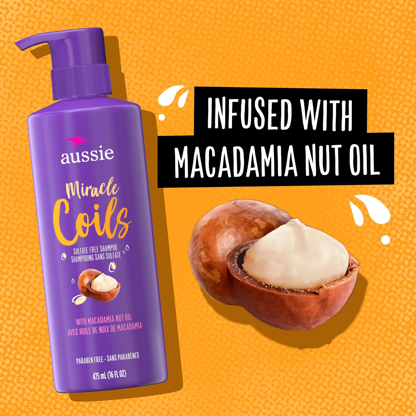 Aussie Miracle Coils Sulfate-Free Shampoo, All Hair Types, Macadamia Nut Oil, Paraben Free, 16 fl oz