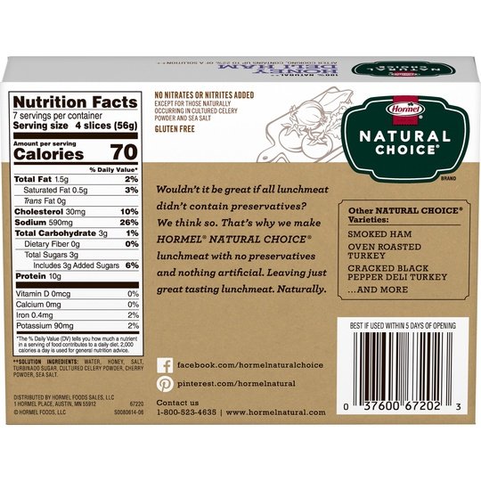 HORMEL NATURAL CHOICE Sliced Honey Deli Pork Ham Lunch Meat, 14 oz Plastic Package