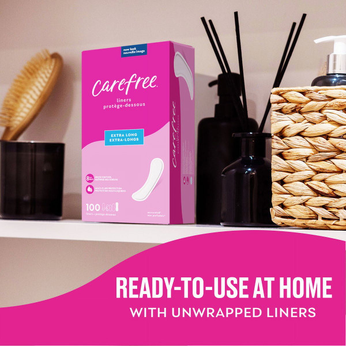 CAREFREE® Panty Liners, Long, Flat, Unscented, 8 Hour Odor Control, 92ct