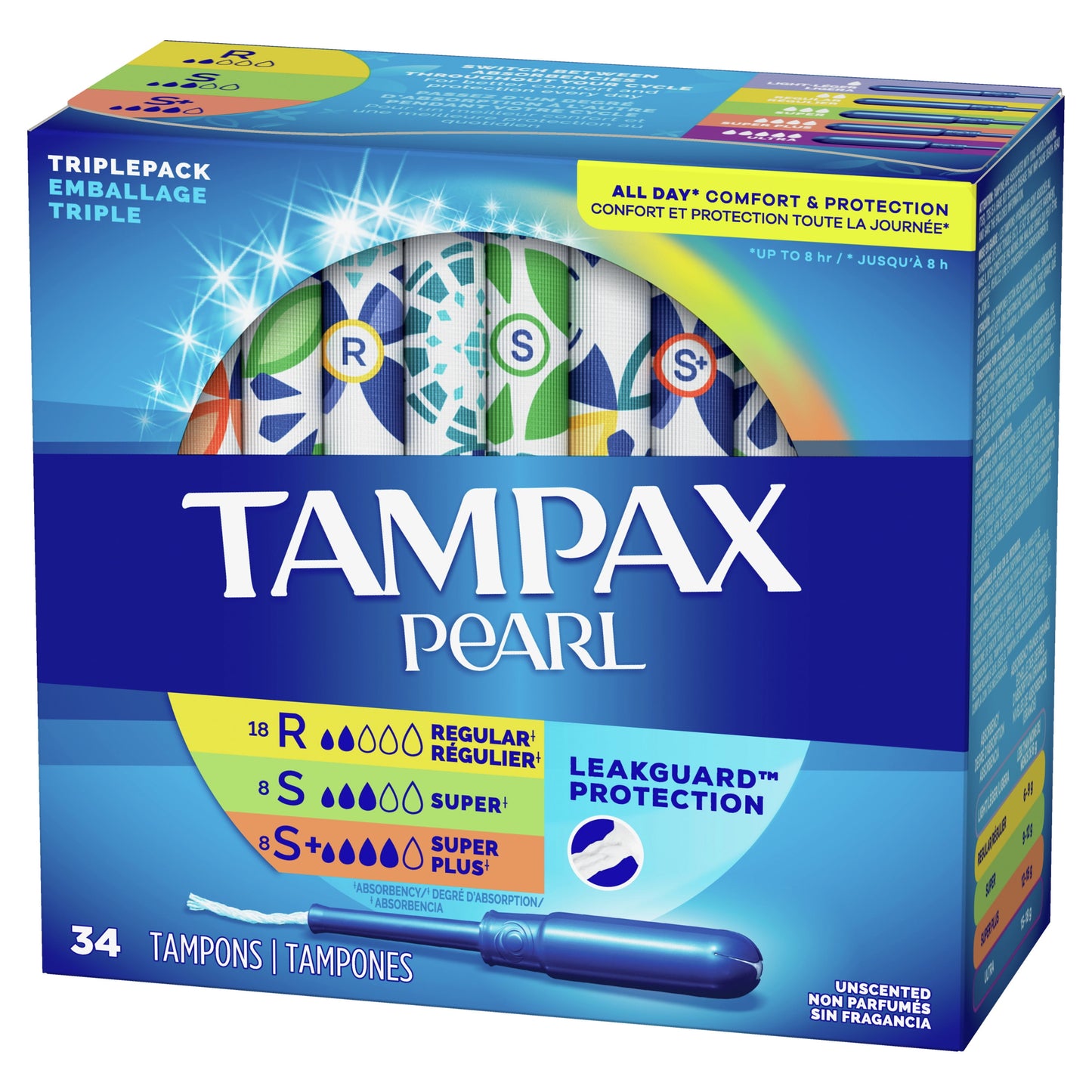 Tampax Pearl Tampons Trio Multipack with LeakGuard Braid, Regular/Super/Super Plus Absorbency, 34 Ct