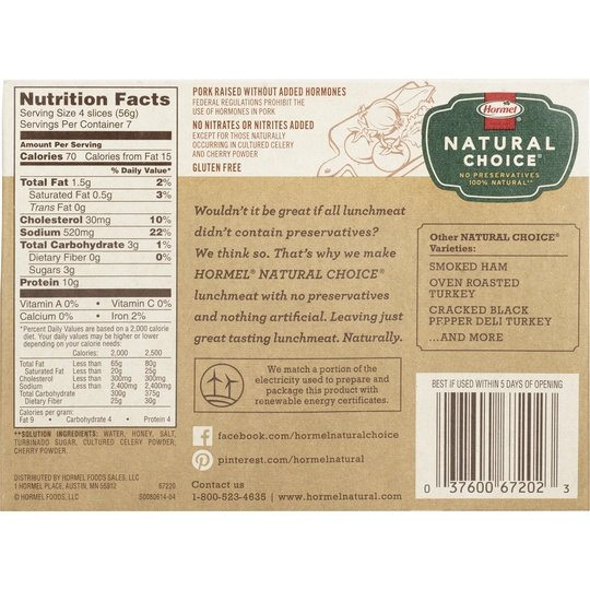 HORMEL NATURAL CHOICE Sliced Honey Deli Pork Ham Lunch Meat, 14 oz Plastic Package
