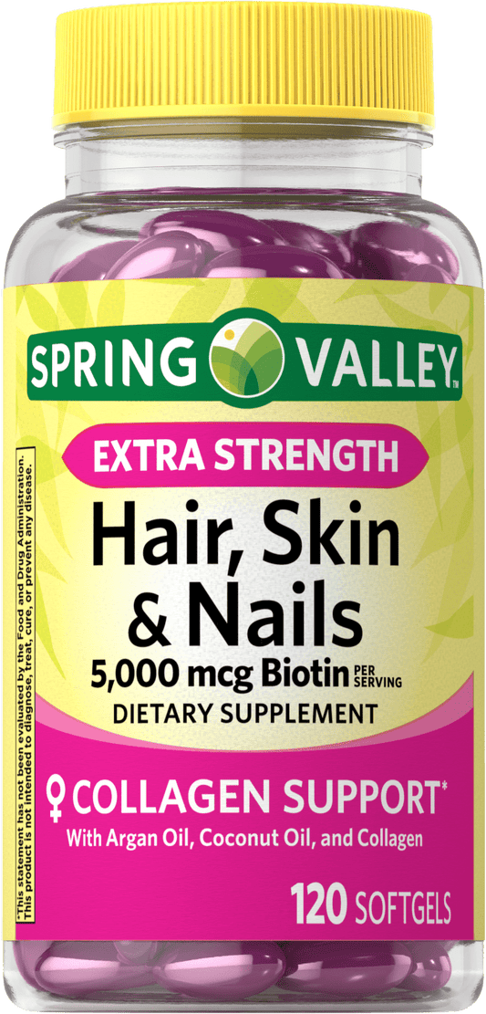 Spring Valley Hair, Skin & Nails Dietary Supplement Softgels, 5,000 Mcg Biotin, 120 Ct