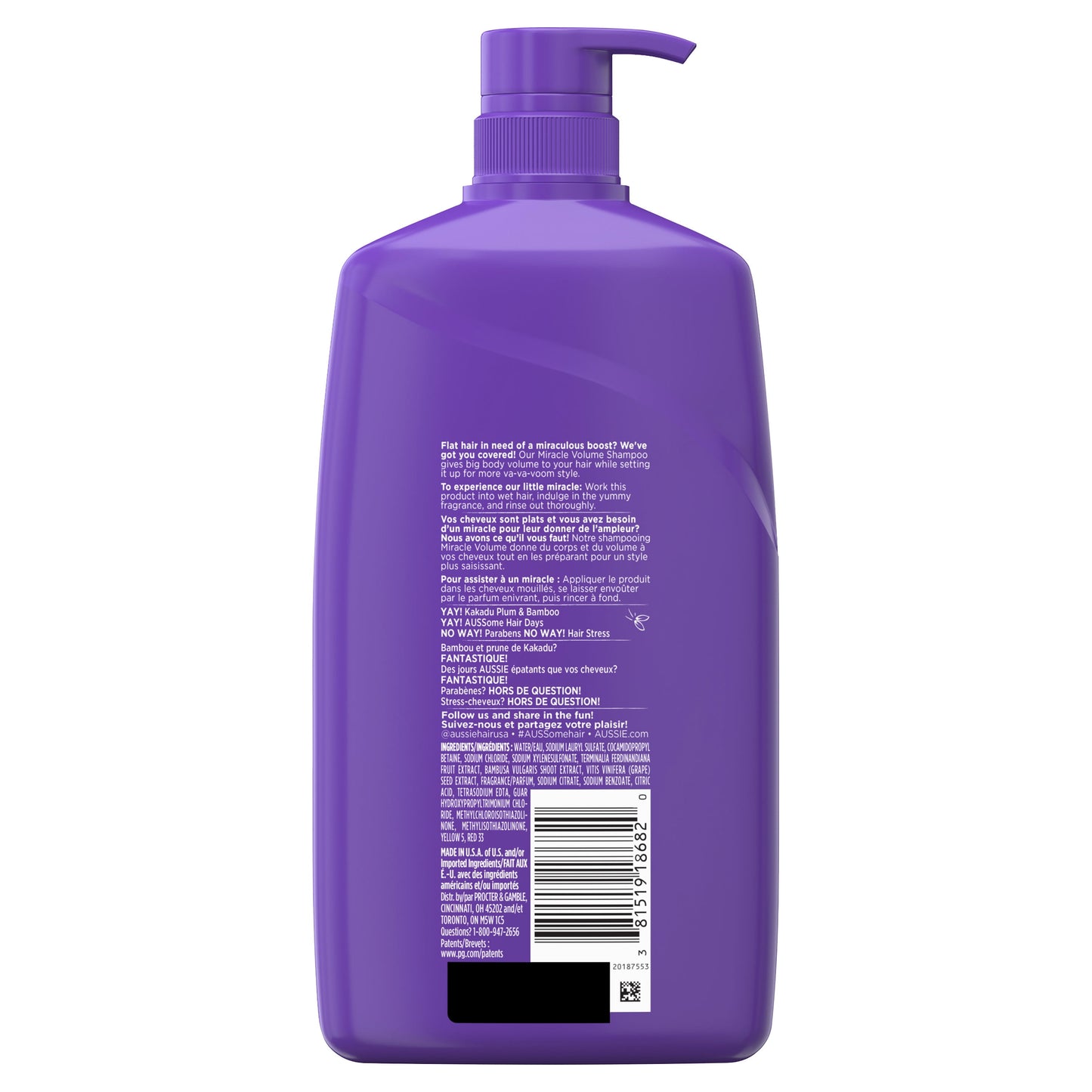 Aussie Miracle Volume with Plum & Bamboo, Paraben Free Shampoo, 26.2 fl oz