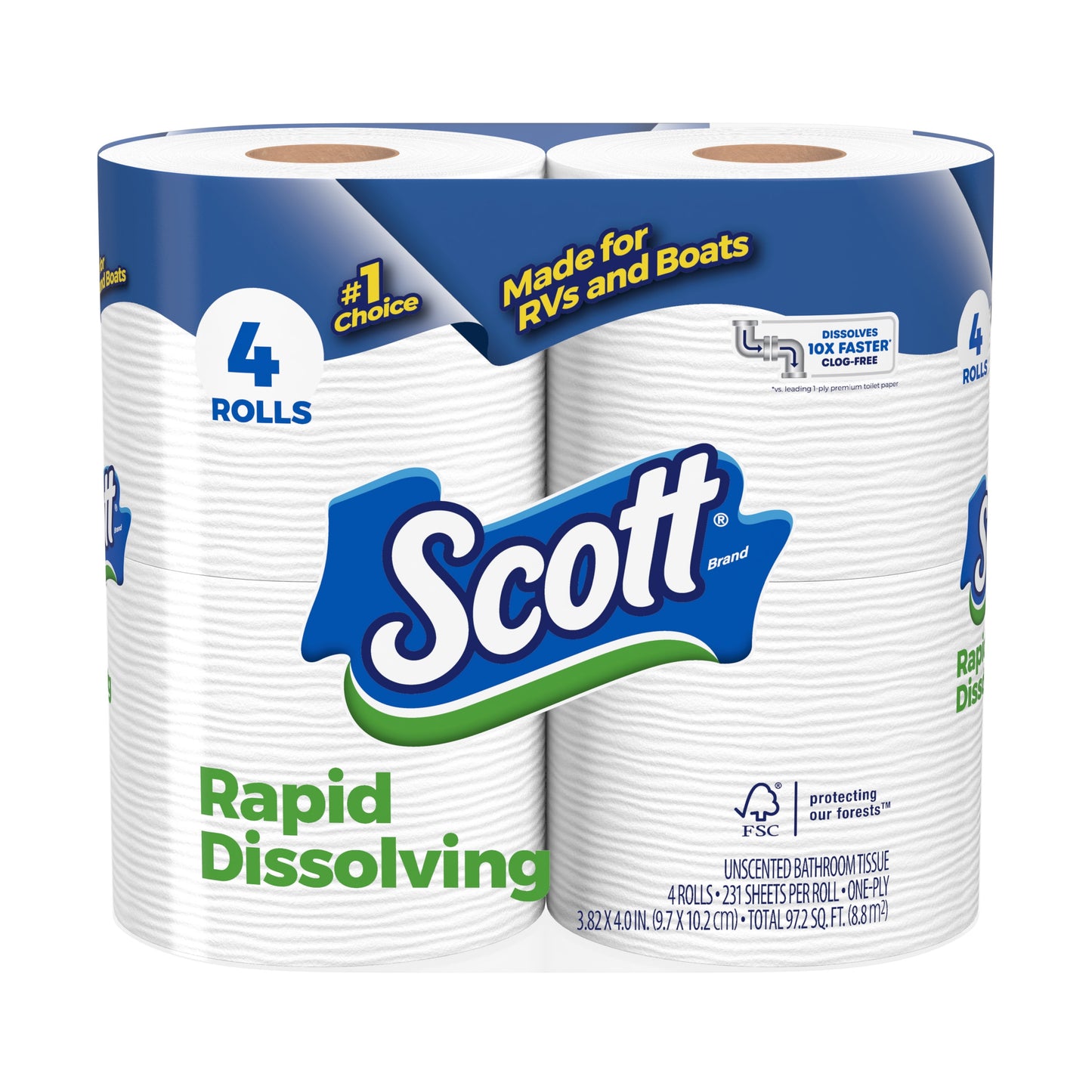 Scott Rapid-Dissolving Toilet Paper for RVs & Boats, 4 Double Rolls, 231 Sheets Per Roll (924 Total)