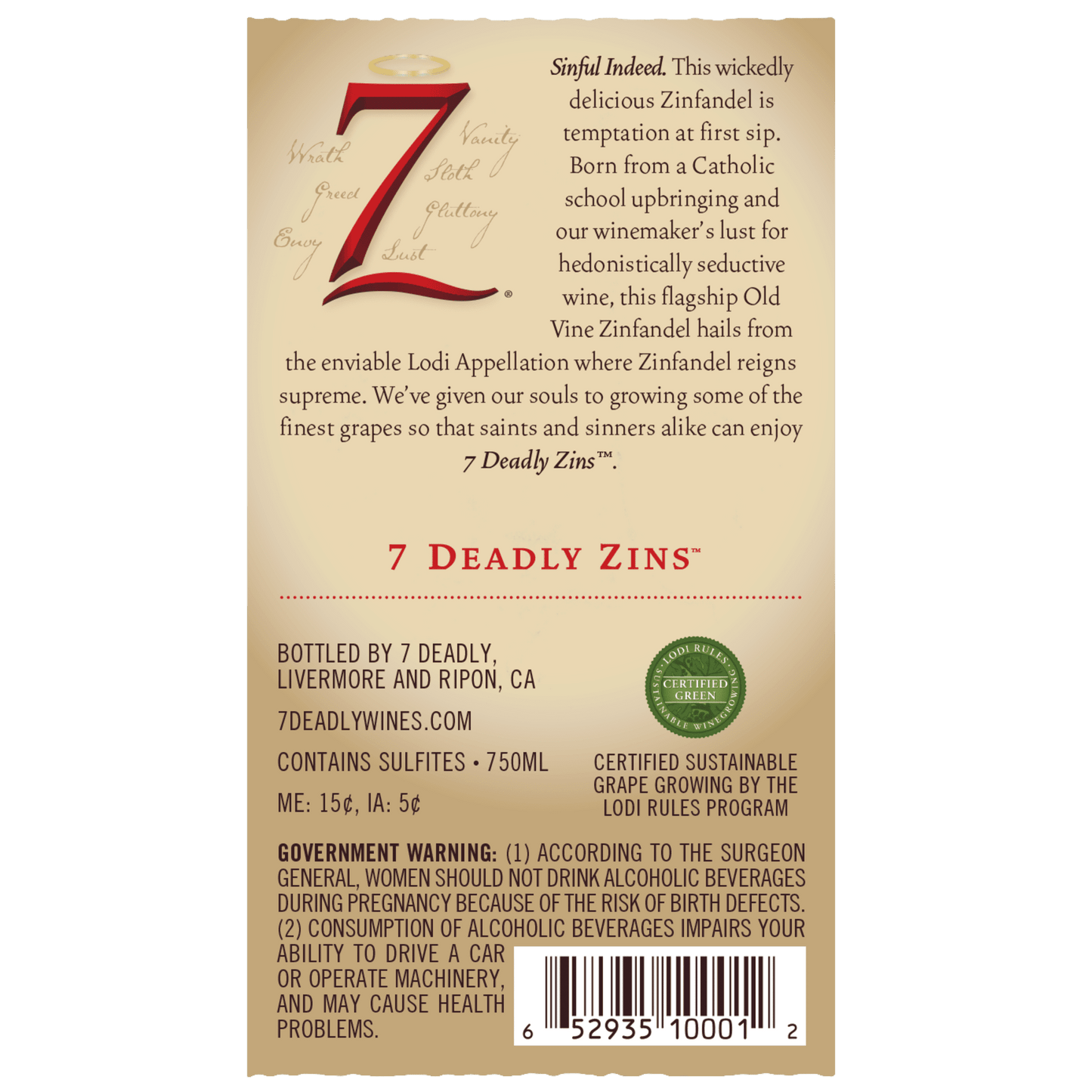 Seven Deadly Old Vine Zinfandel California Red Wine, 750 ml Glass, ABV 15.00%