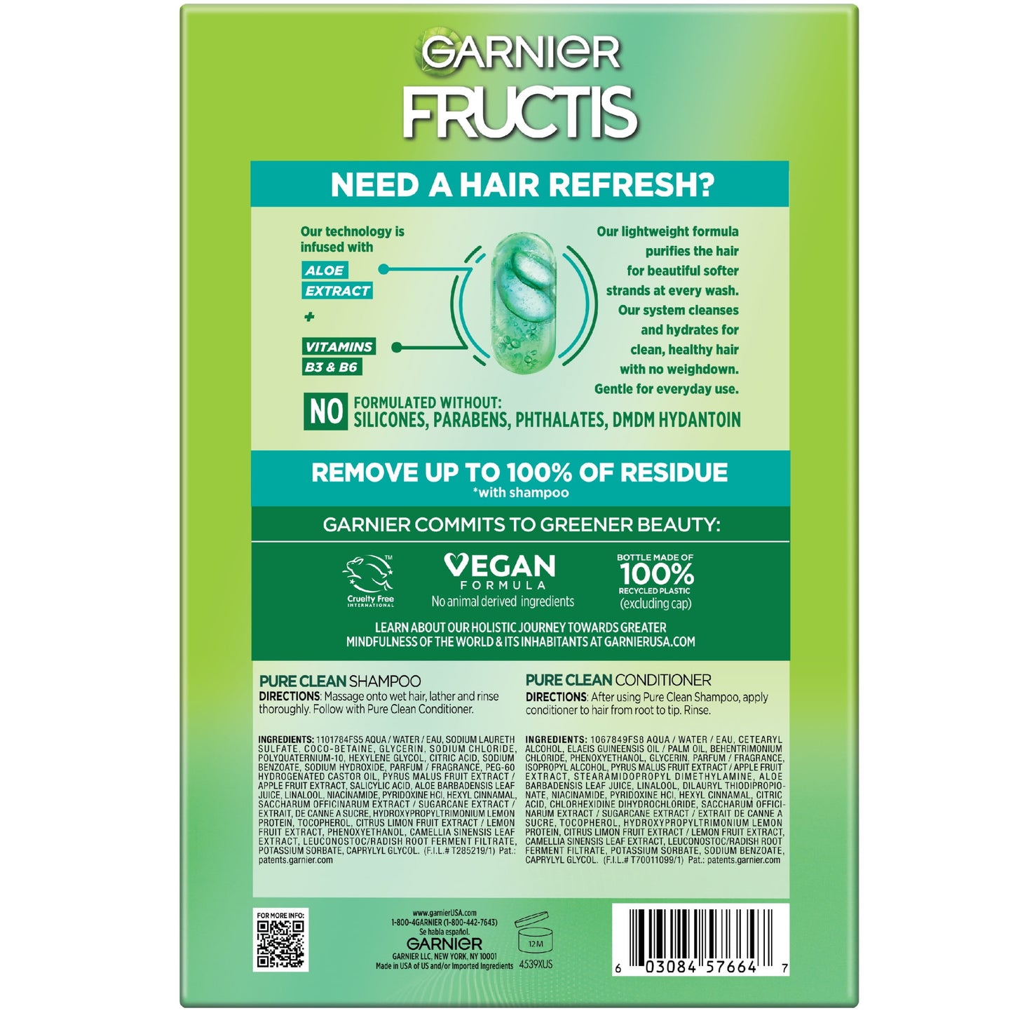 Garnier Fructis Pure Clean Shampoo and Conditioner, Gentle for Everyday Use, 2 Count