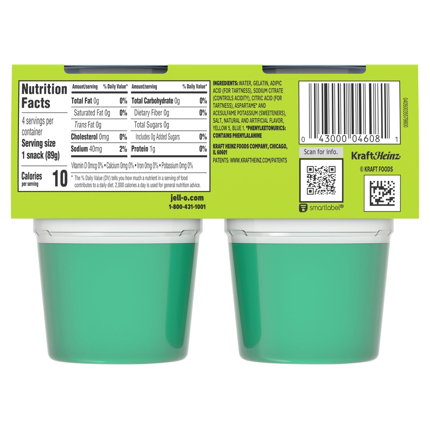 Jell-O Lemon-Lime Sugar Free Jello Cups Gelatin Snack, 4 Ct Cups