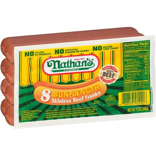 Nathan's Famous Bun Length Skinless Beef Franks, 12 oz
