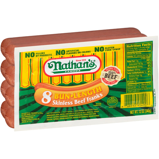 Nathan's Famous Bun Length Skinless Beef Franks, 12 oz