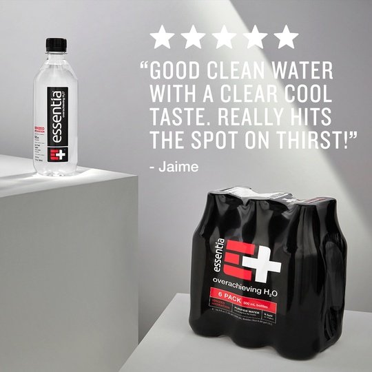 Essentia Bottled Water, 500 mL, 6-Pack, Ionized Alkaline Water