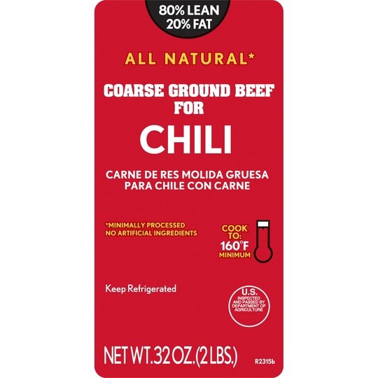 All Natural* 80% Lean/20% Fat Coarse Ground Beef for Chili Tray, 2 lb Tray
