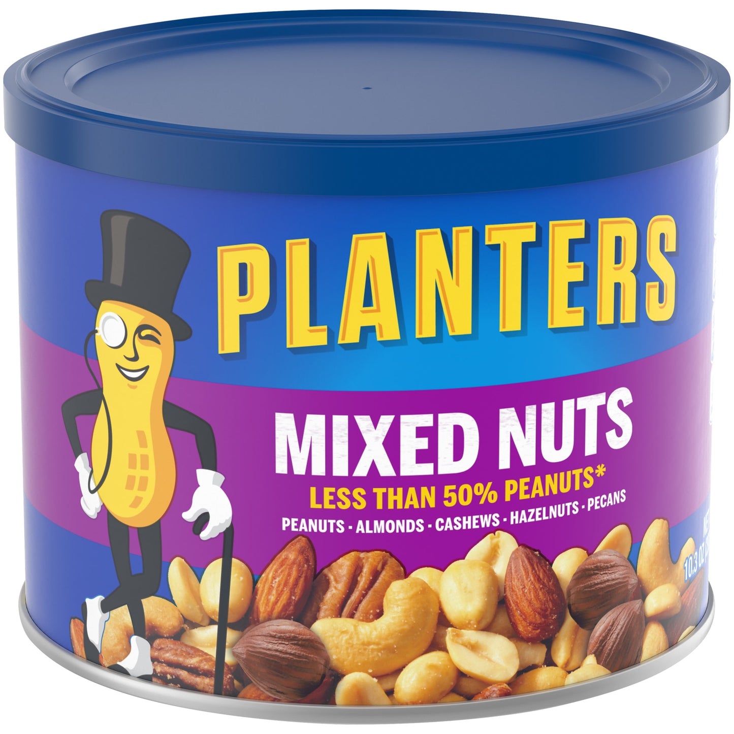 Planters Mixed Nuts Less Than 50% Peanuts with Peanuts, Almonds, Cashews, Hazelnuts & Pecans, 10.3 oz Canister