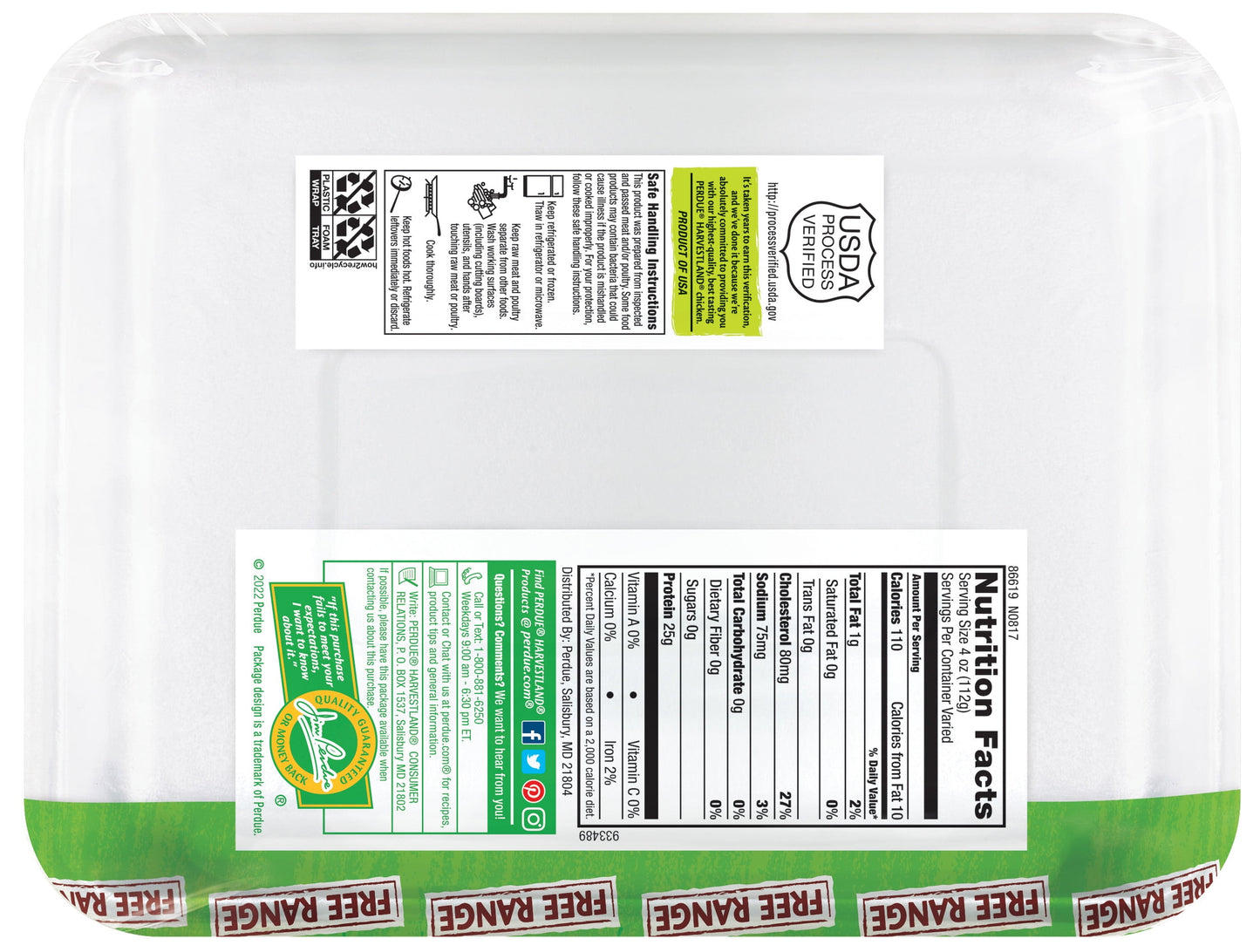 Perdue Harvestland, Thin-Sliced Boneless Chicken Breast, 25g Protein 4oz Svg, 1.1-1.7 lb. Tray