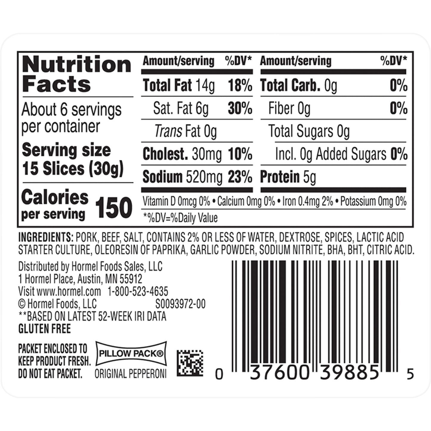 HORMEL, Pepperoni, Pizza Topping, Gluten Free, Original, 6 oz Plastic Resealable Package