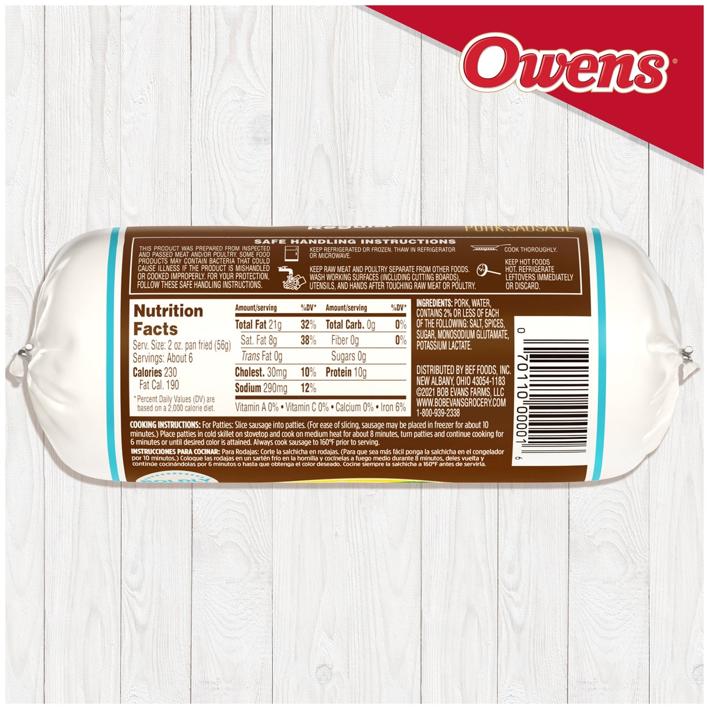 Owens Regular Premium Pork Breakfast Sausage Roll, 16 oz (Fresh Sausage)
