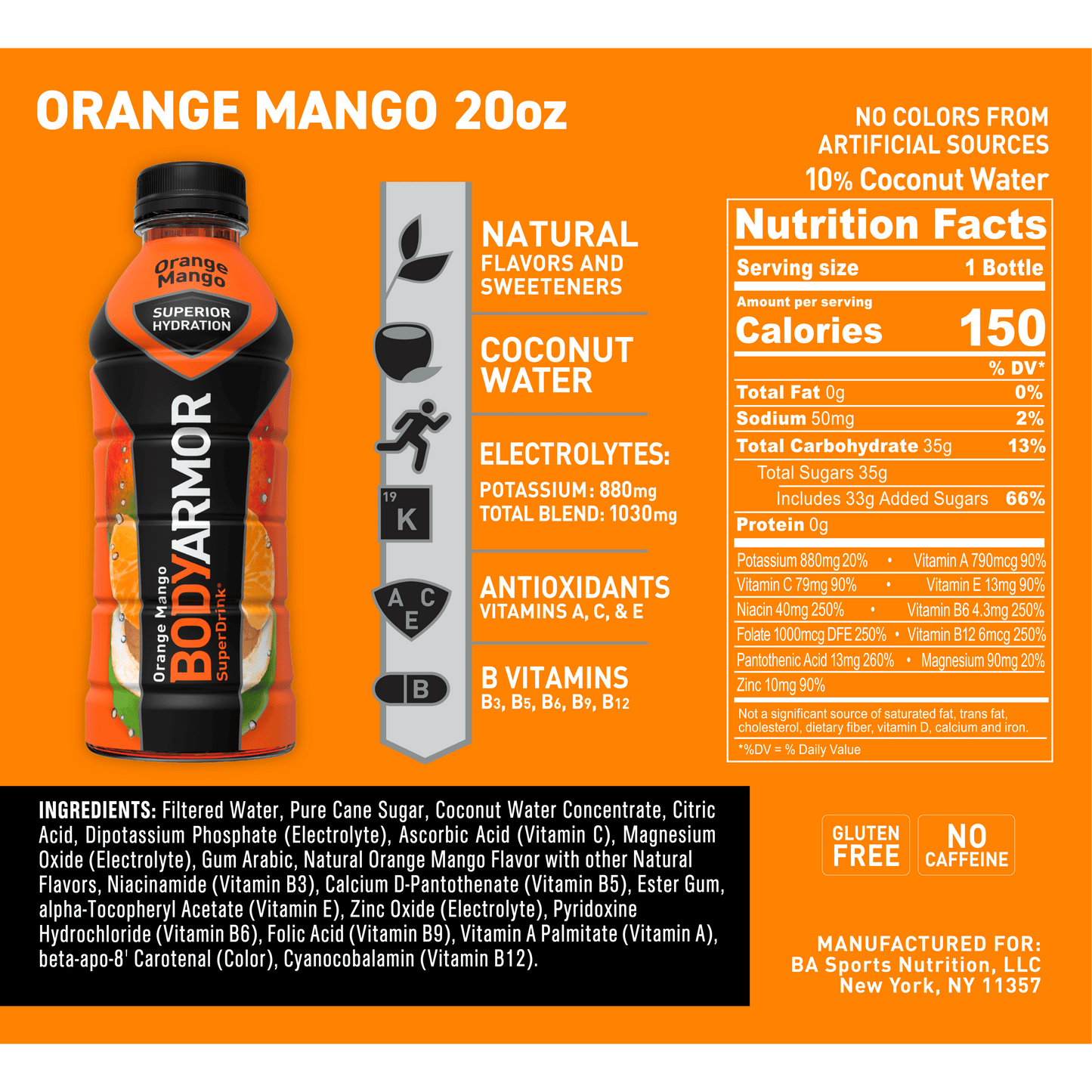 BODYARMOR Sports Drink Orange Mango, 20 fl oz, 6 Pack