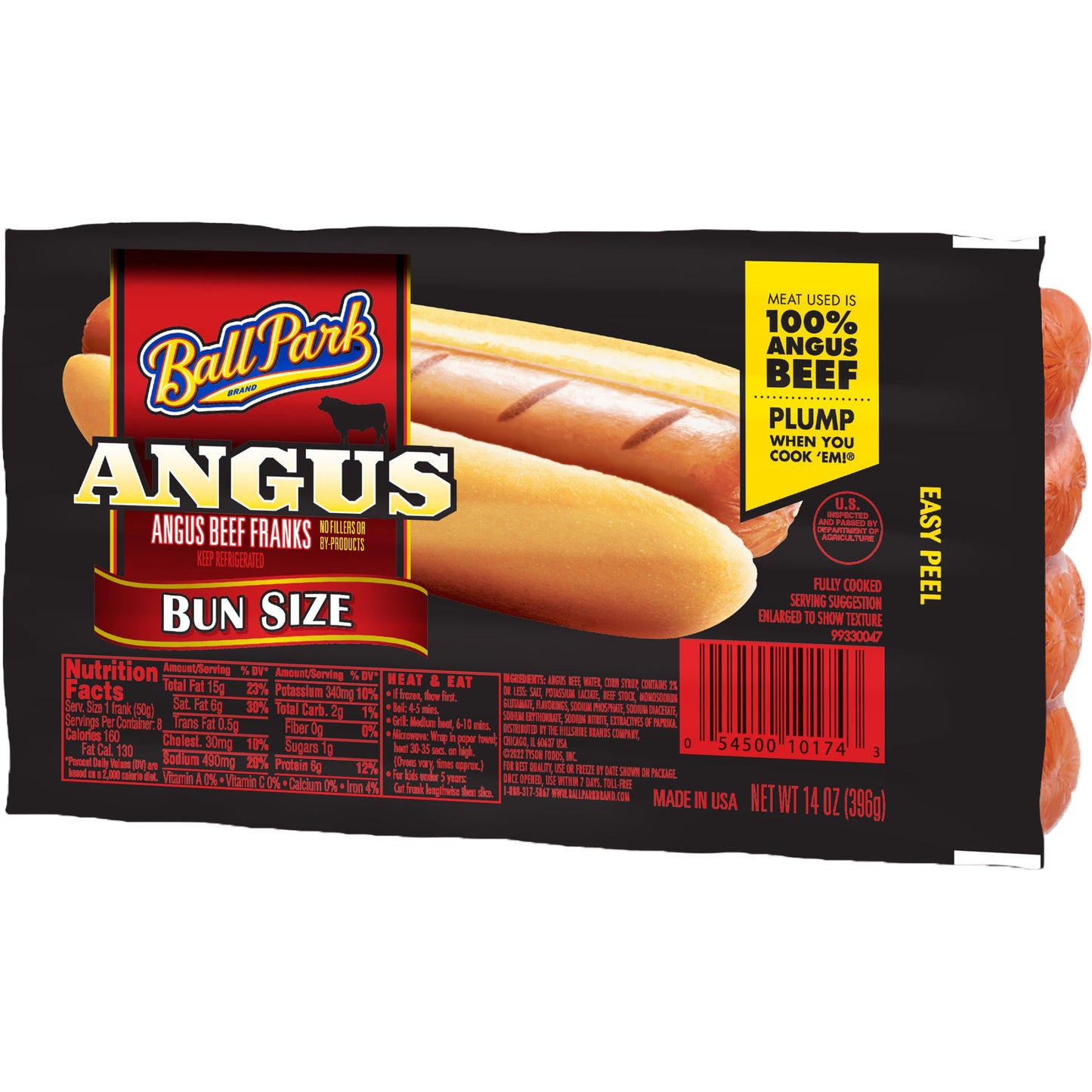 Ball Park Bun Length Angus Beef Hot Dogs, 14 oz, 8 Count